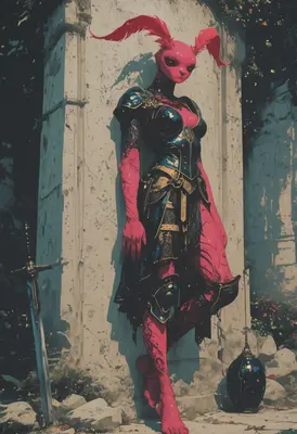 Pink Rabbit Warrior in Ancient Ruins