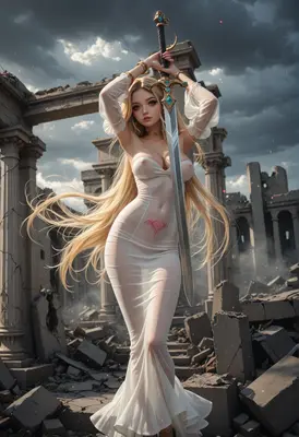 Blonde Warrior Standing Amidst Ancient Ruins