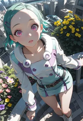 Anime Girl on Sunny Rooftop Garden