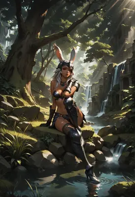 Warrior Bunny Resting by the Waterfall