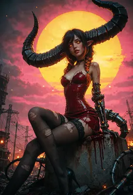 Cyborg Demon in Ruins at Sunset