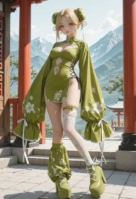 Elf Maiden in Green Traditional Attire
