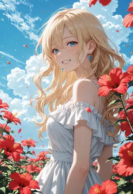 Radiant Blonde Girl Amidst Red Hibiscus