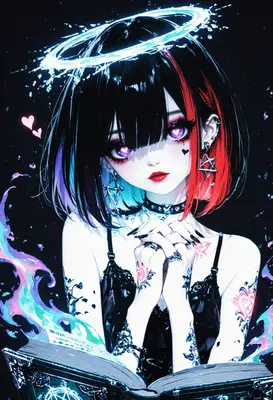 Gothic Angel with Neon Hearts