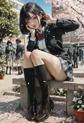Schoolgirl Resting Under Falling Cherry Blossoms