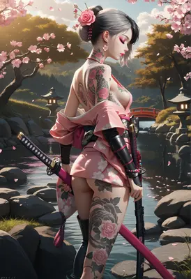 Tattooed Samurai in Cherry Blossom Garden