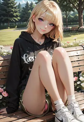Blonde Girl Relaxing on Park Bench