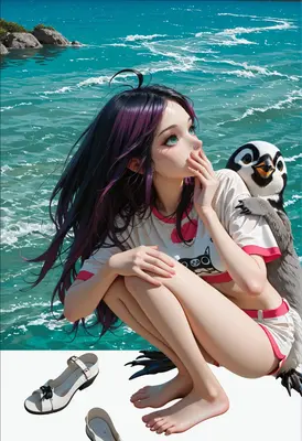 Girl Crouching by the Ocean