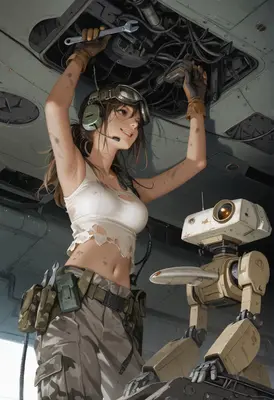 Mechanic Girl Repairing Her Robot Assistant