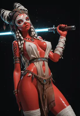 Tribal Red Warrior with Neon Blade
