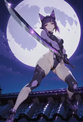 Moonlit Cat Warrior With Katana