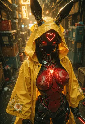 Cybernetic Bunny in Rainy City Alley