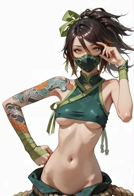 Tattooed Kunoichi in Emerald Garb