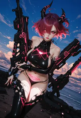 Cybernetic Demon Girl With Neon Rifles