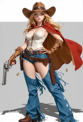 Blonde Gunslinger with Red Cape