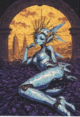 Celestial Cyborg Resting in Ruins