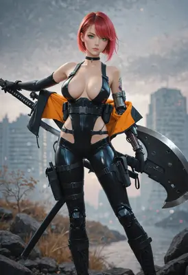 Cyberpunk Warrior with Blade and Axe