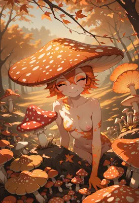Cheerful Mushroom Spirit in Autumn Forest