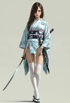 Elegant Samurai Girl in Floral Kimono
