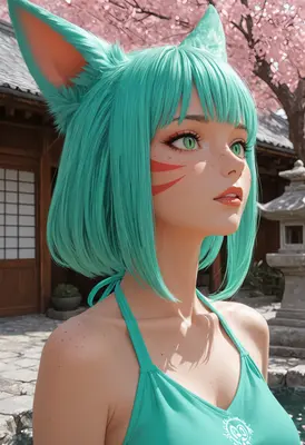 Mint Haired Cat Girl in Shrine