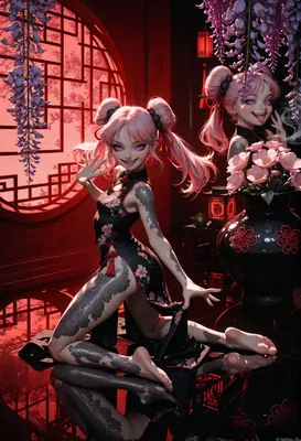 Playful Goth Girl in Traditional Attire