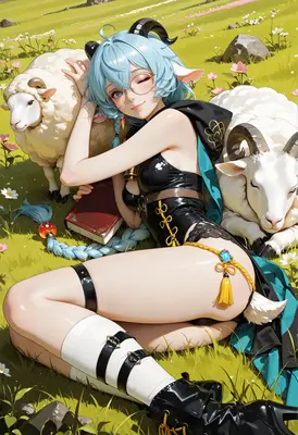 Anime Goat Girl Resting With Sheep