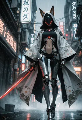 Cybernetic Fox Ronin in Neon Rain