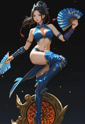 Graceful Warrior With Blue Folding Fans