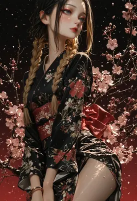 Young Maiden Amidst Falling Cherry Blossoms