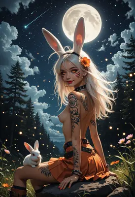 Moonlit Rabbit Girl Under Night Sky