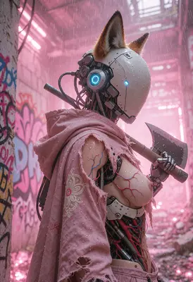 Cybernetic Fox Warrior in Neon Ruins