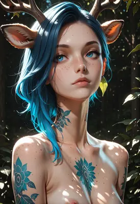 Ethereal Deer Girl with Floral Tattoos