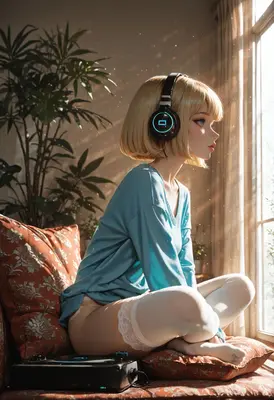 Girl Listening to Music by Window