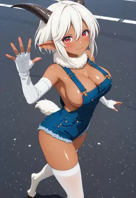 Cheerful Goat Girl in Denim Overalls