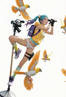 Vibrant Singer with Tropical Parrots