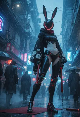 Cybernetic Bunny Assassin in Rainy Streets