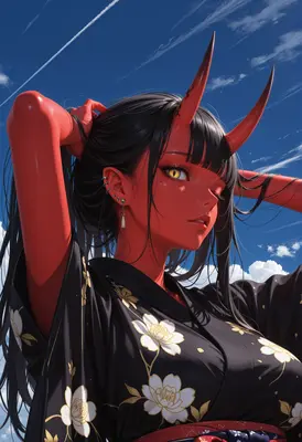 Red Oni in Floral Kimono