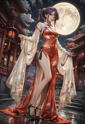 Moonlit Beauty in Traditional Red Dress