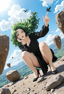 Green Haired Psychic Amidst Floating Rocks