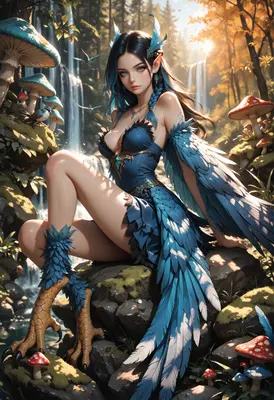 Blue Harpy Maiden by the Waterfall