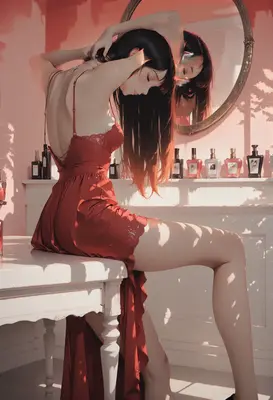 Elegance in a Red Silk Dress