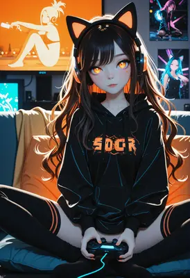 Gamer Girl with Glowing Orange Eyes