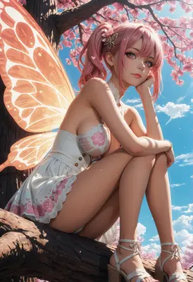 Pink Haired Fairy Under Cherry Blossoms