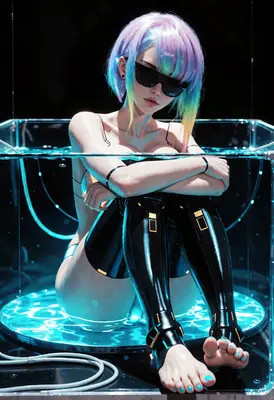 Cybernetic Girl in Neon Water Tank