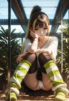 Relaxed Girl in a Sunny Greenhouse