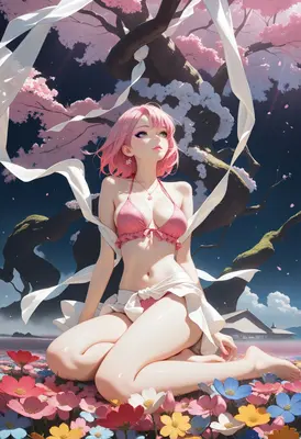 Pink Haired Beauty Under Cherry Blossoms