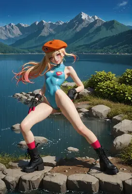 Blonde Girl in Blue Leotard by Lake