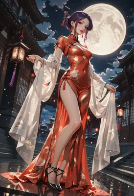Moonlit Beauty in Traditional Red Dress