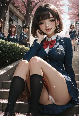 Springtime Schoolgirl Resting on Stone Steps