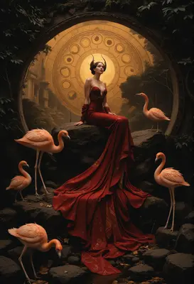 Goddess in Red with Flamingos